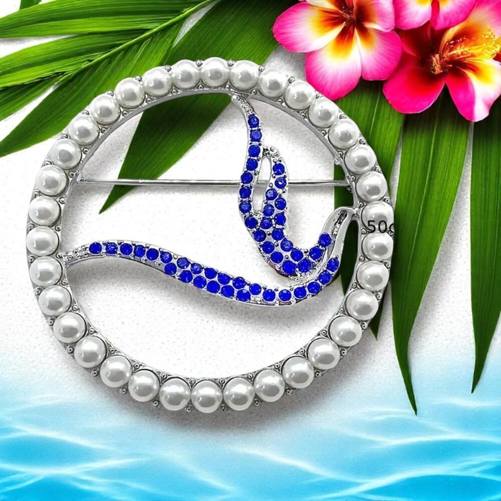 Zeta Phi‎ Beta Dove Blue Rhinestone & Silver Pearl Brooch